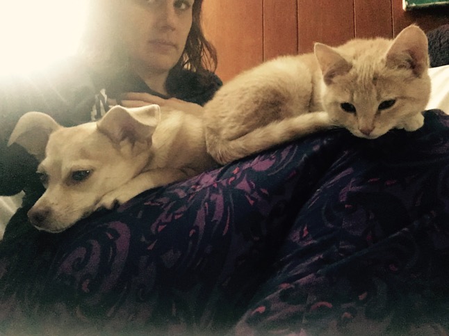 Michel Andreasen with her dog and cat